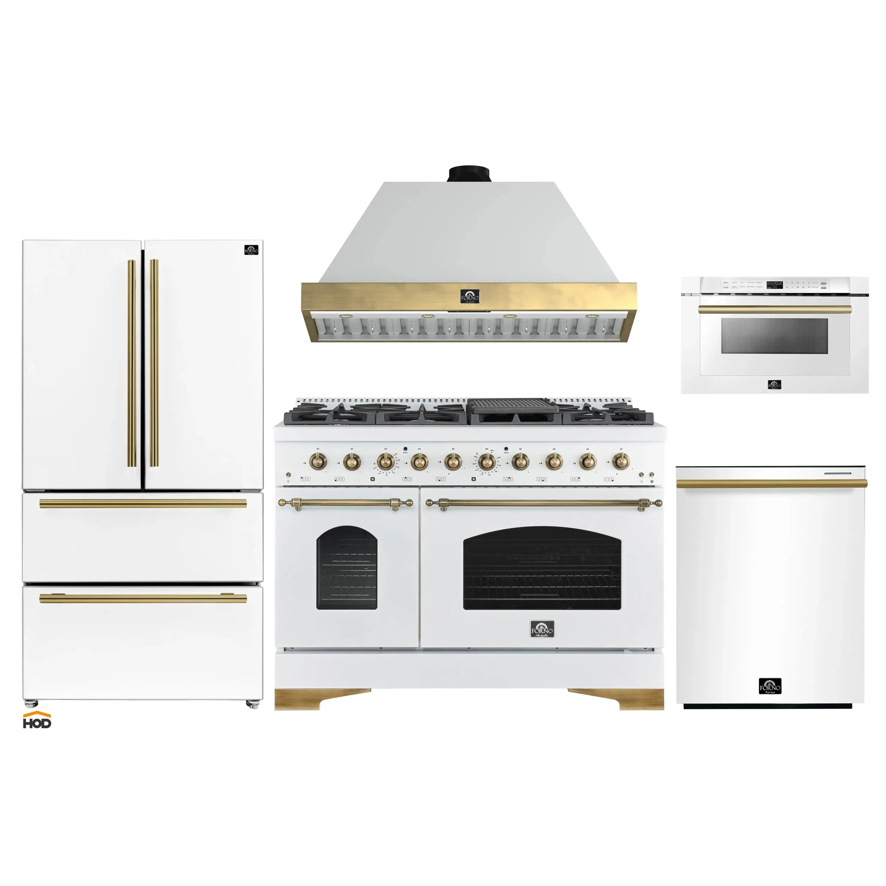 White gas range with gold control knobs, oven door, and matching hood