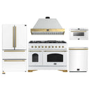 Forno Antico 5-Piece Appliance Package - 48-Inch Gas Range, 48-Inch Hood, 36-Inch Refrigerator, 24-Inch Dishwasher, & 24-Inch Microwave Drawer in White with Antique Brass Trim