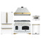 Forno Antico 5-Piece Appliance Package - 48-Inch Gas Range, 48-Inch Hood, 36-Inch Refrigerator, 24-Inch Dishwasher, & 24-Inch Microwave Drawer in White with Antique Brass Trim