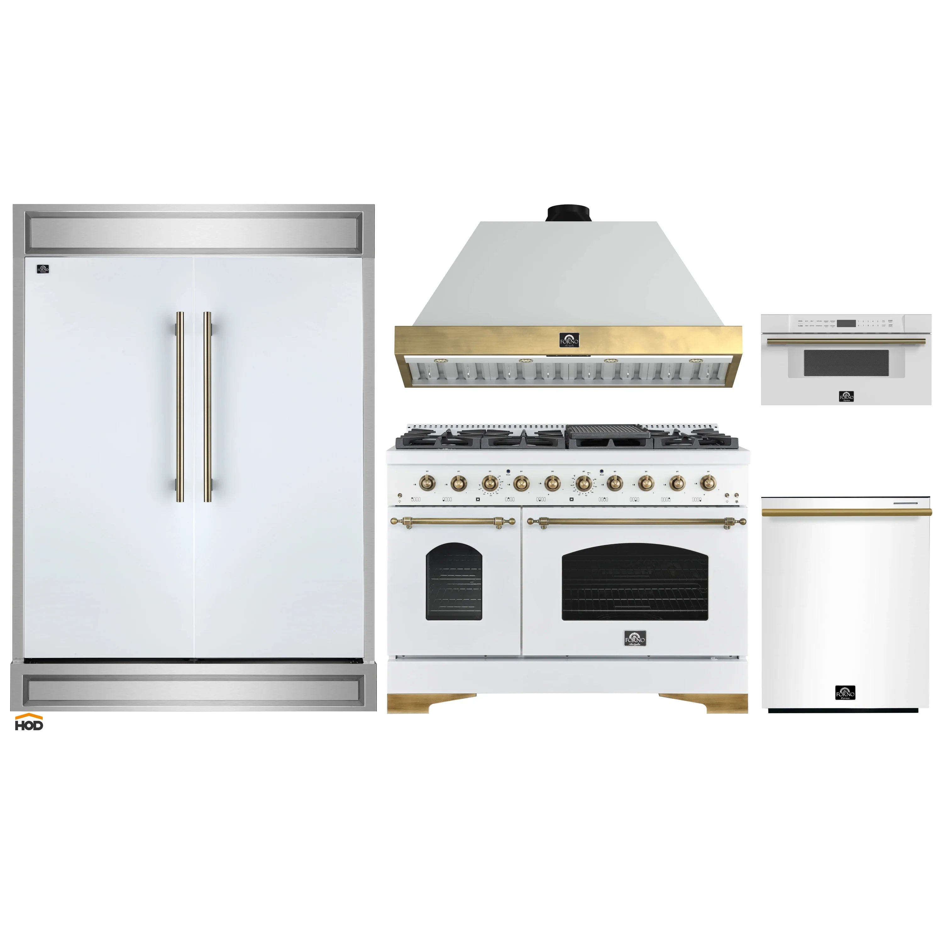 White kitchen appliance set: refrigerator, gas range with hood, microwave drawer