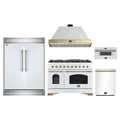 Forno 5-Piece Appliance Package - 48-Inch Antico Gas Range, Wall Mount Range Hood, 60-Inch Refrigerator, Dishwasher, & 30-Inch Microwave Drawer in White with Antique Brass Trim