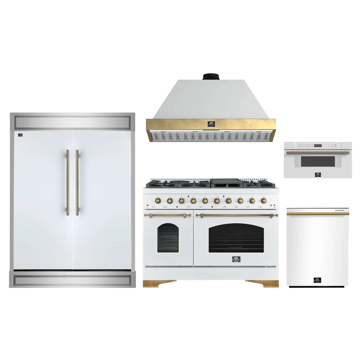 Forno 5-Piece Appliance Package - 48-Inch Gas Range, Wall Mount Range Hood, 60-Inch Refrigerator, Dishwasher, & 30-Inch Microwave Drawer in White with Antique Brass Trim