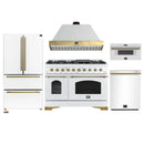 Forno Antico 5-Piece Appliance Package - 48-Inch Gas Range, 48-Inch Hood, 36-Inch Refrigerator, 24-Inch Dishwasher, & 30-Inch Microwave Drawer in White with Antique Brass Trim