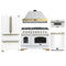 Forno Antico 5-Piece Appliance Package - 48-Inch Gas Range, 48-Inch Hood, 36-Inch Refrigerator, 24-Inch Dishwasher, & 30-Inch Microwave Drawer in White with Antique Brass Trim