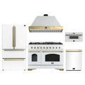 Forno Antico 5-Piece Appliance Package - 48-Inch Gas Range, 48-Inch Hood, 36-Inch Refrigerator, 24-Inch Dishwasher, & 30-Inch Microwave Drawer in White with Antique Brass Trim