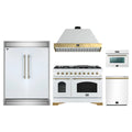 Forno 5-Piece Appliance Package - 48-Inch Antico Gas Range, Wall Mount Range Hood, 60-Inch Refrigerator, Dishwasher, & 24-Inch Microwave Oven in White with Antique Brass Trim