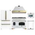 Forno Antico 5-Piece Appliance Package - 48-Inch Gas Range, 48-Inch Hood, 36-Inch Refrigerator, 24-Inch Dishwasher, & 24-Inch Microwave Oven in White with Antique Brass Trim