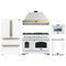 Forno Antico 5-Piece Appliance Package - 48-Inch Gas Range, 48-Inch Hood, 36-Inch Refrigerator, 24-Inch Dishwasher, & 24-Inch Microwave Oven in White with Antique Brass Trim