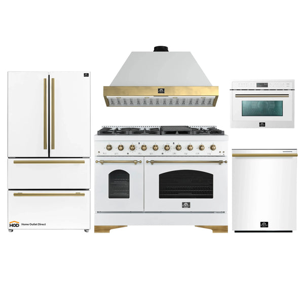 Forno Antico 5-Piece Appliance Package - 48-Inch Gas Range, 48-Inch Hood, 36-Inch Refrigerator, 24-Inch Dishwasher, & 24-Inch Microwave Oven in White with Antique Brass Trim