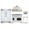 Forno 5-Piece Appliance Package - 48-Inch Antico Gas Range, Wall Mount Range Hood, 60-Inch Refrigerator, Dishwasher, & 30-Inch Microwave Oven in White with Antique Brass Trim