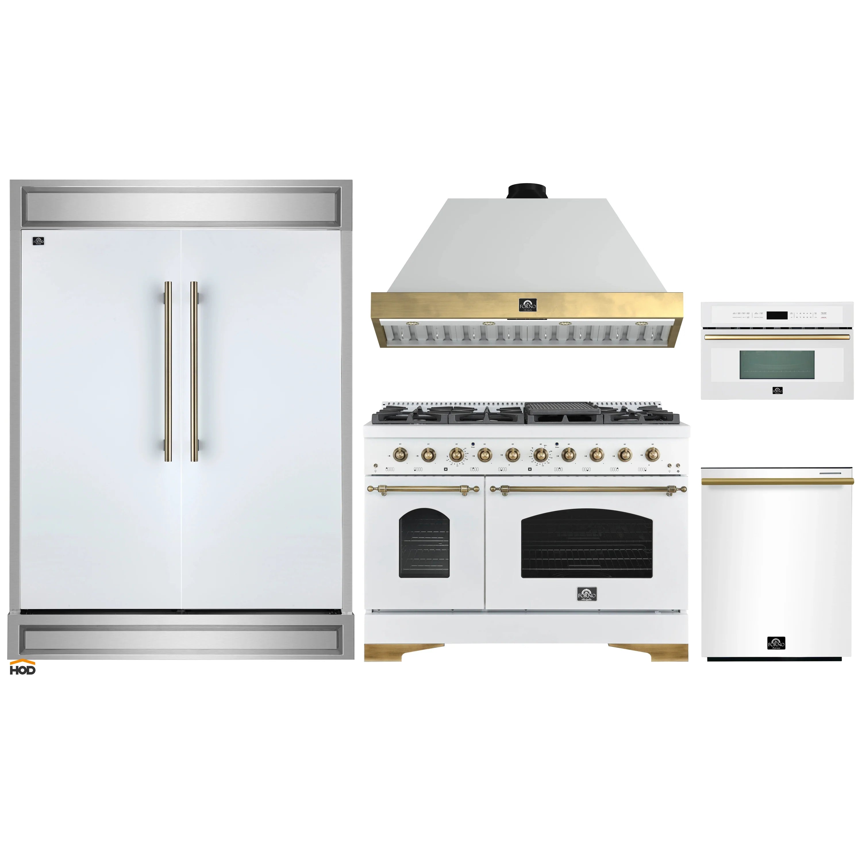 White 5-piece appliance package with brass handles: range, hood, fridge, microwave, dishwasher