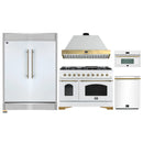 Forno 5-Piece Appliance Package - 48-Inch Antico Gas Range, Wall Mount Range Hood, 60-Inch Refrigerator, Dishwasher, & 30-Inch Microwave Oven in White with Antique Brass Handle