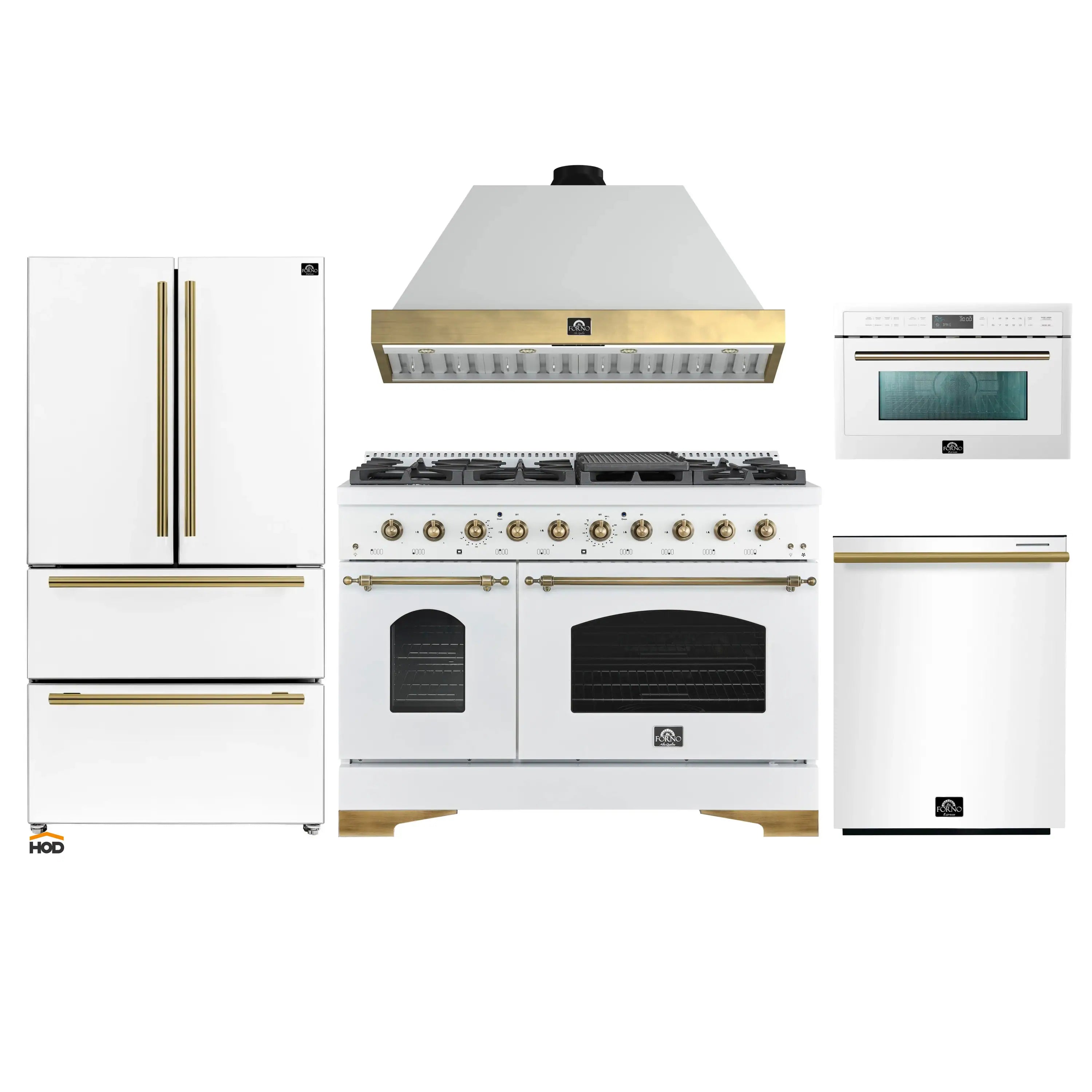 White 5-piece appliance package with antique brass accents, front view