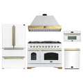 Forno Antico 5-Piece Appliance Package - 48-Inch Gas Range, 48-Inch Hood, 36-Inch Refrigerator, 24-Inch Dishwasher, & 30-Inch Microwave Oven in White with Antique Brass Trim