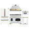 Forno Antico 5-Piece Appliance Package - 48-Inch Gas Range, 48-Inch Hood, 36-Inch Refrigerator, 24-Inch Dishwasher, & 30-Inch Microwave Oven in White with Antique Brass Trim