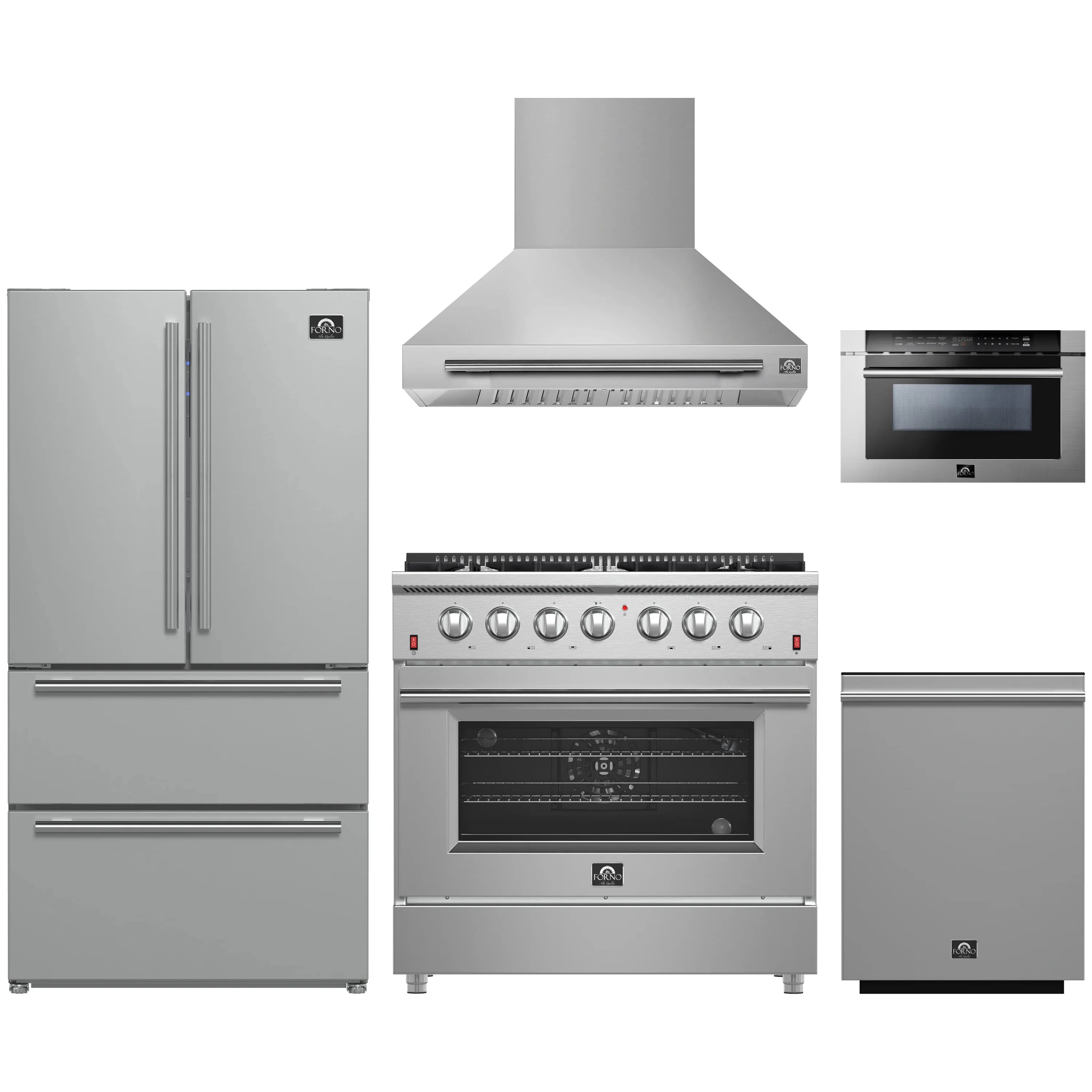 Stainless steel 5-piece appliance package with gas range, hood, fridge, dishwasher, microwave