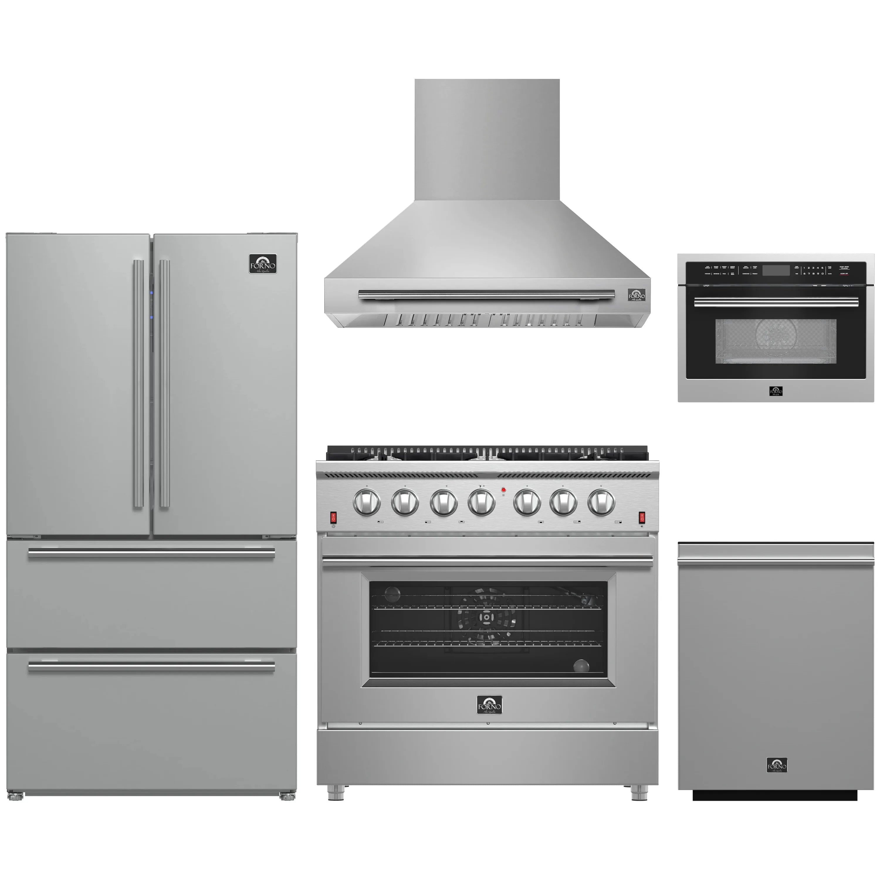 Stainless steel appliance package: range, wall hood, refrigerator, microwave, dishwasher