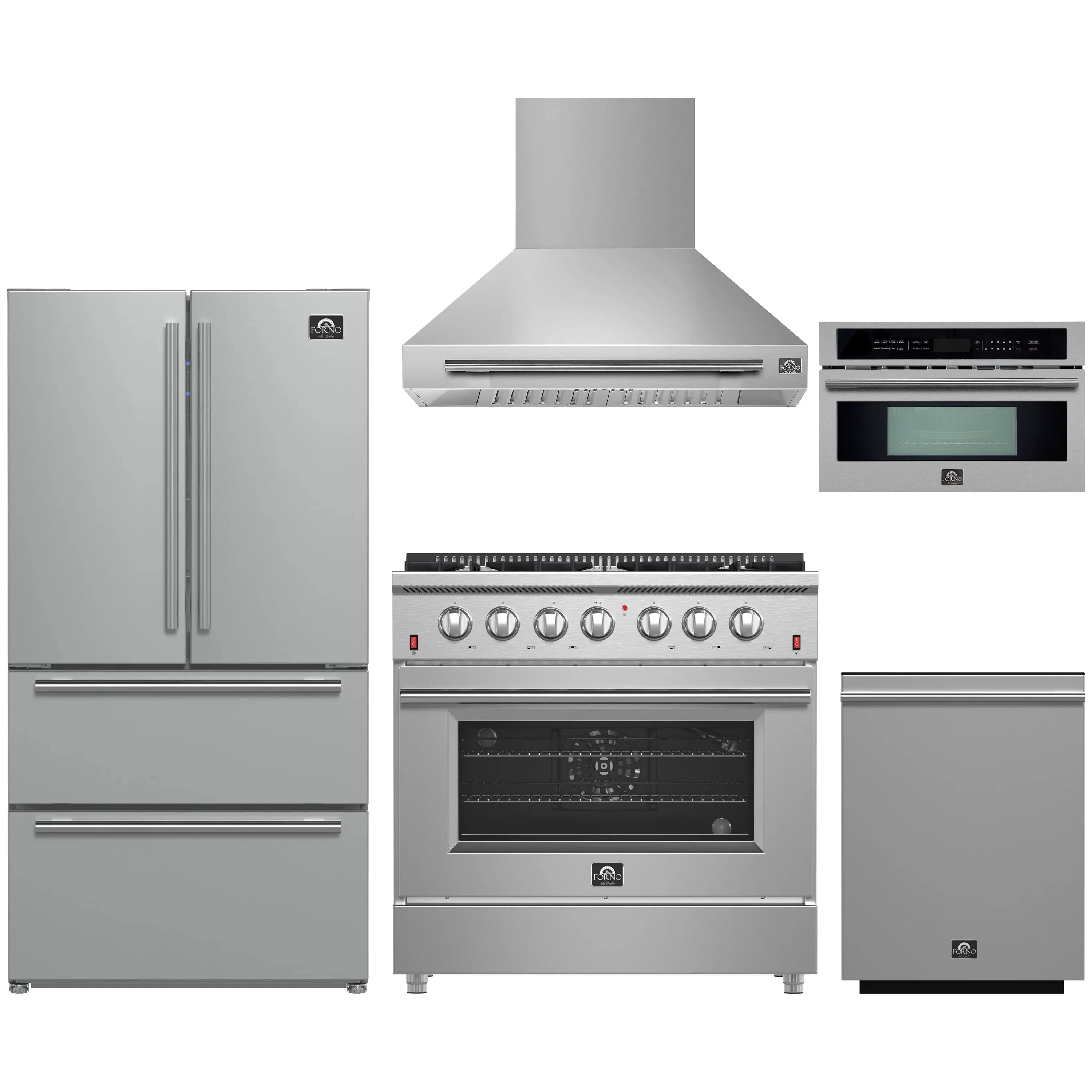 Stainless steel kitchen appliance package with fridge, gas range, hood, dishwasher, microwave