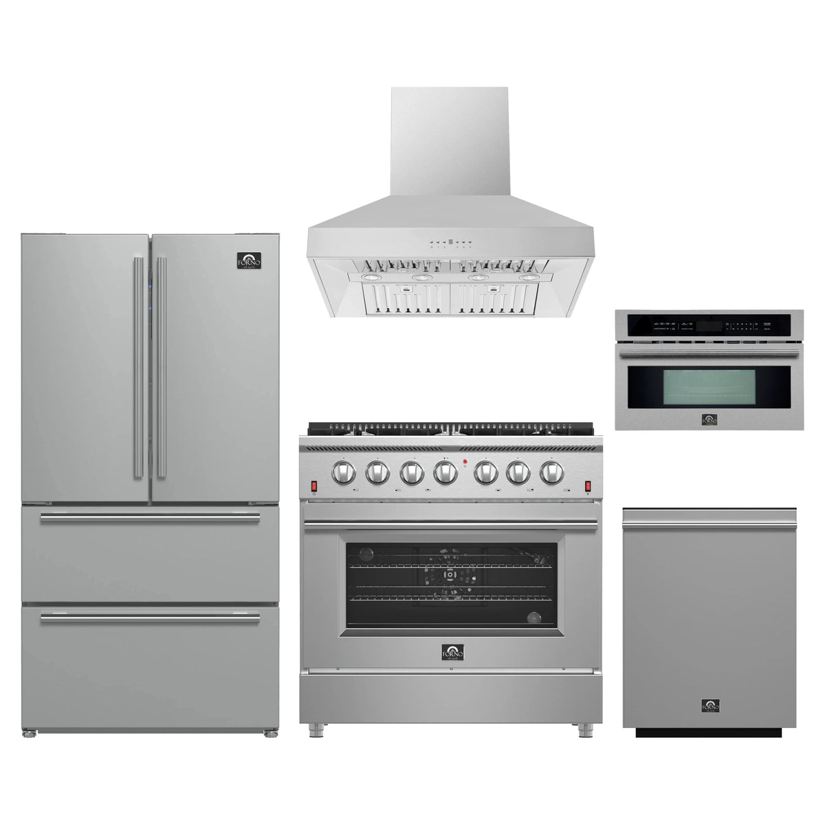 Forno 5-Piece Appliance Package - 36-Inch Gas Range, Wall Mount Range Hood, 36-Inch Refrigerator, Dishwasher, and 30-Inch Microwave Oven in Stainless Steel