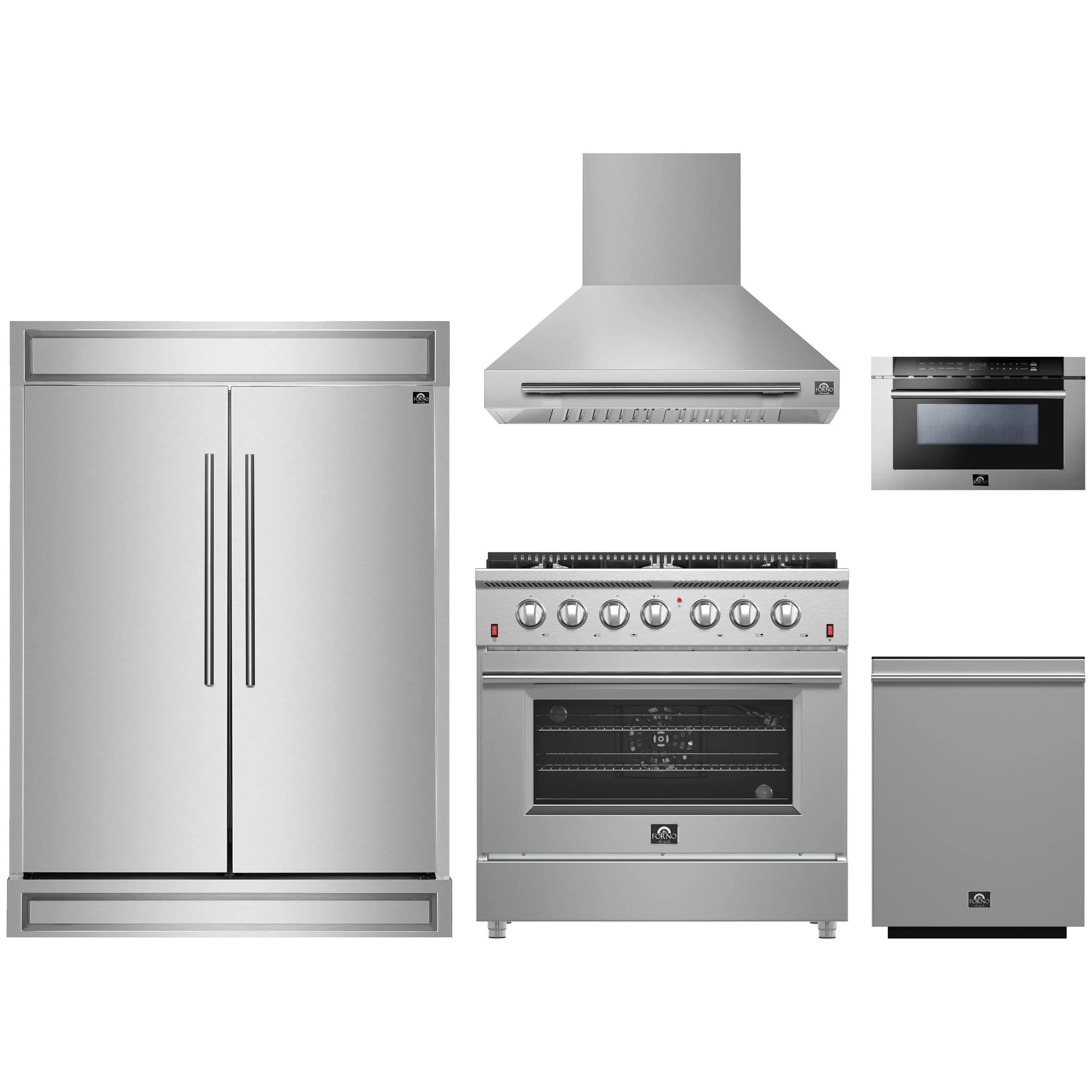 Stainless steel appliance package with range hood, refrigerator, gas range, microwave, dishwasher