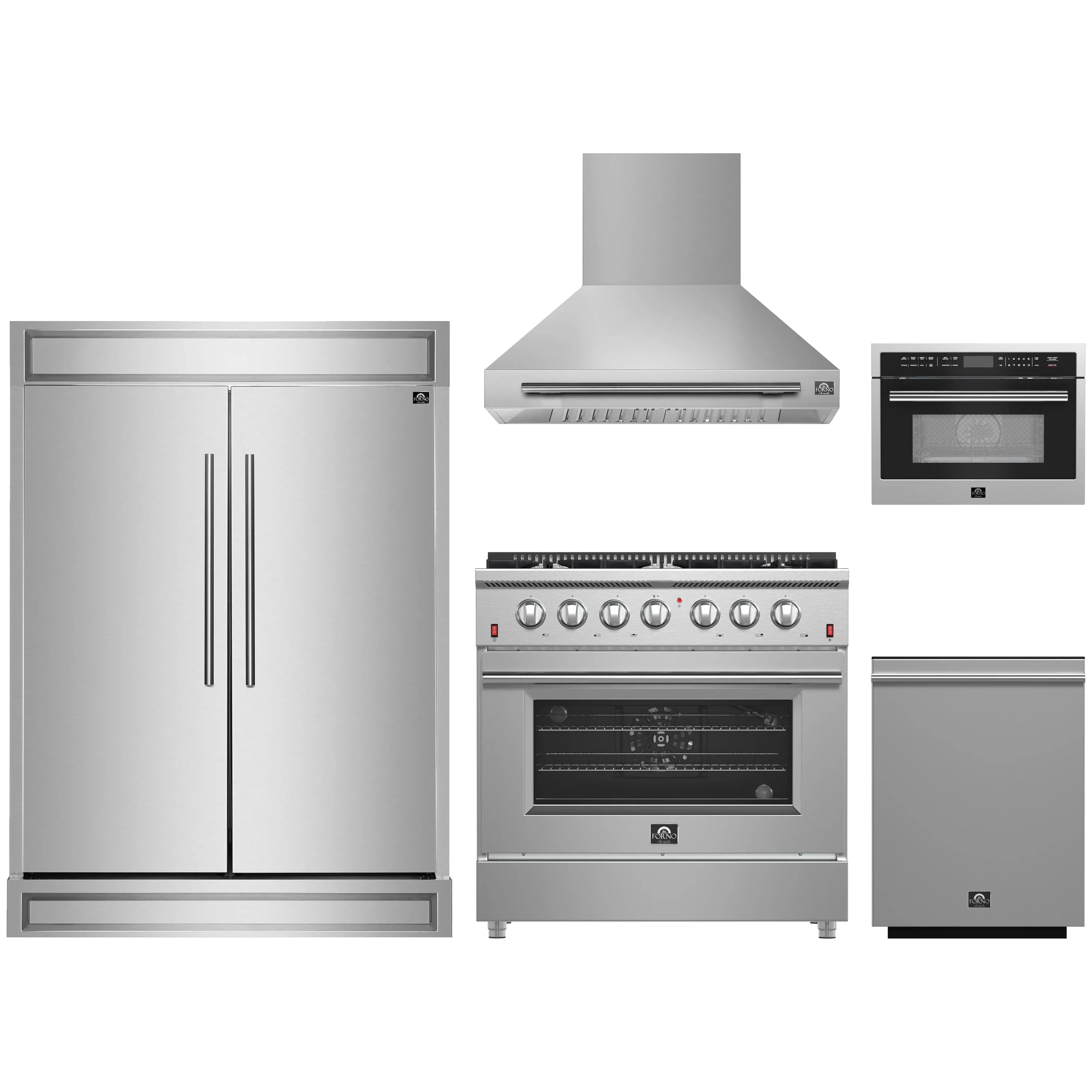 Stainless steel 5-piece kitchen appliance package: fridge, range, hood, microwave, dishwasher