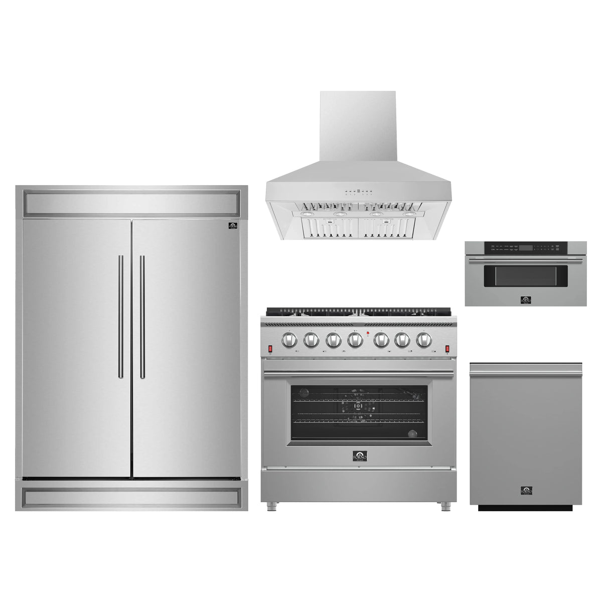 Forno 5-Piece Appliance Package - 36-Inch Gas Range, Wall Mount Range Hood, 60-Inch Refrigerator, Dishwasher, and 30-Inch Microwave Drawer in Stainless Steel