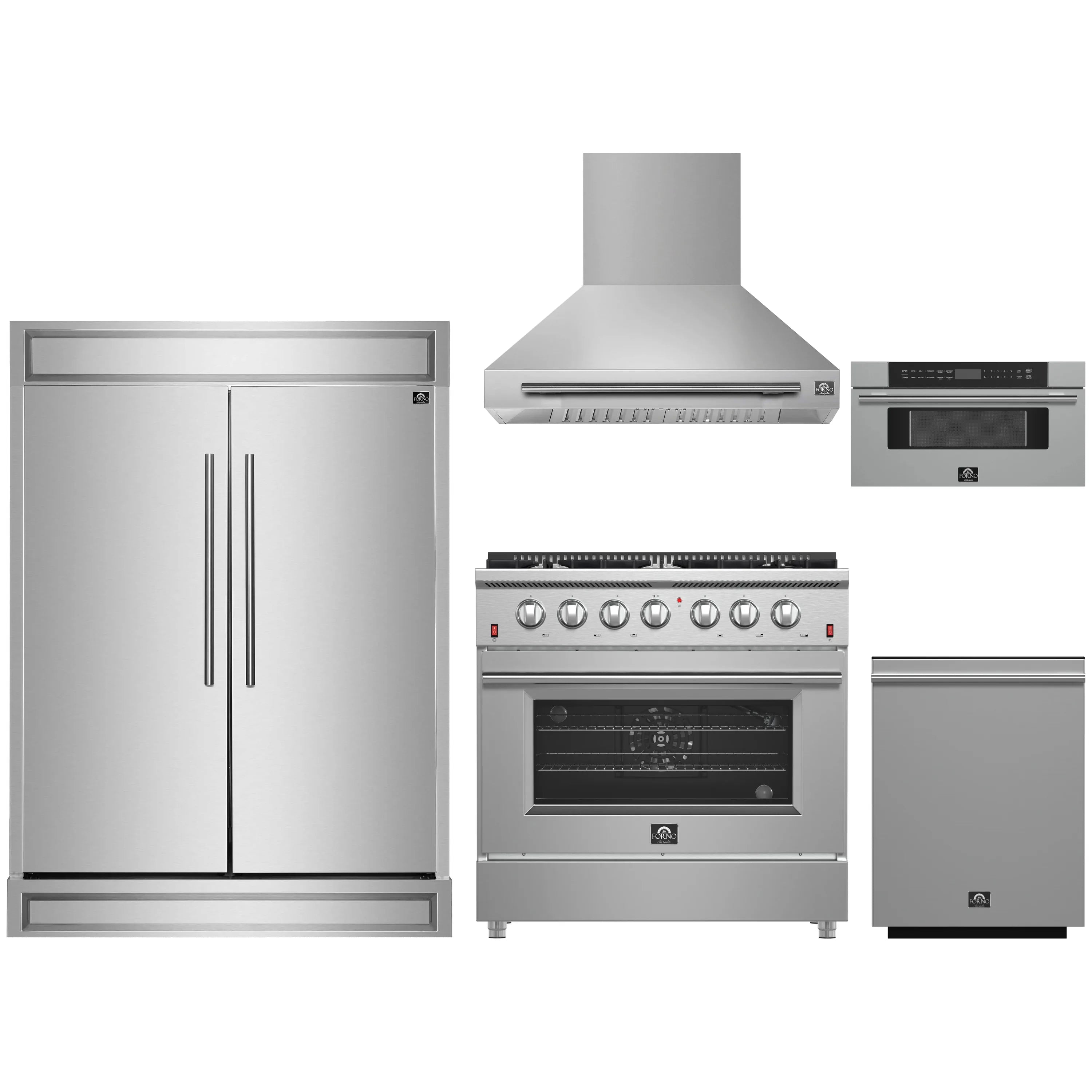 Stainless steel kitchen appliance package showing range, range hood, refrigerator and microwave.