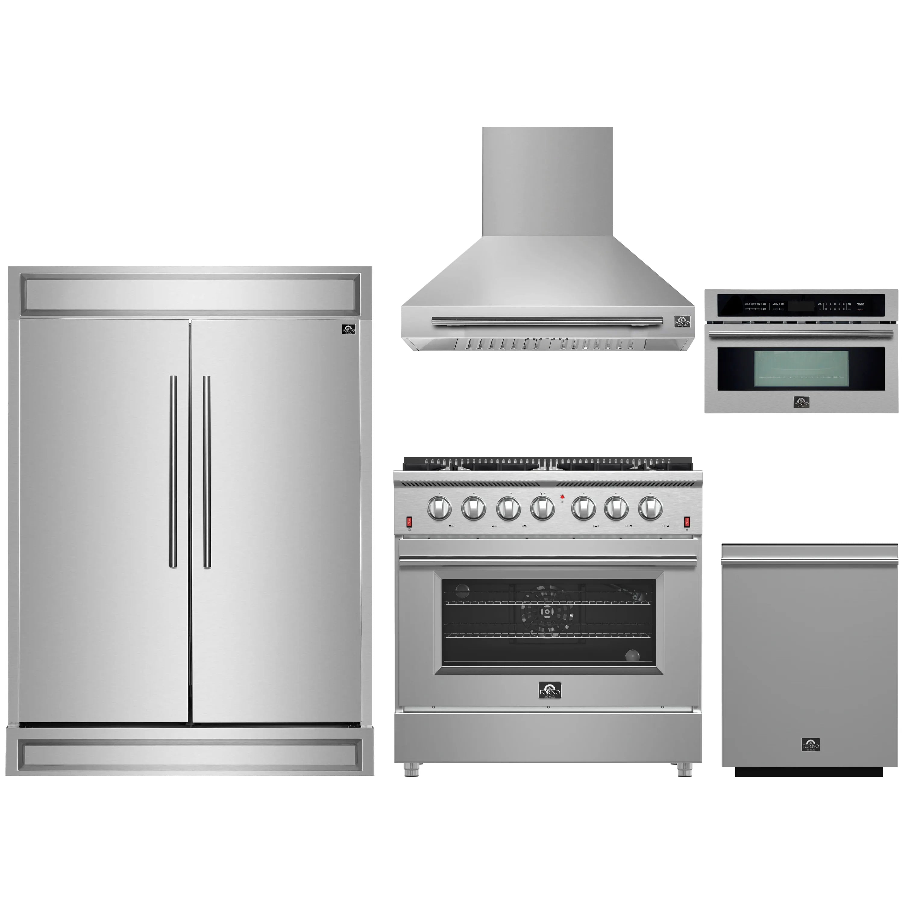 Stainless steel kitchen appliance package: range with hood, microwave, refrigerator, dishwasher