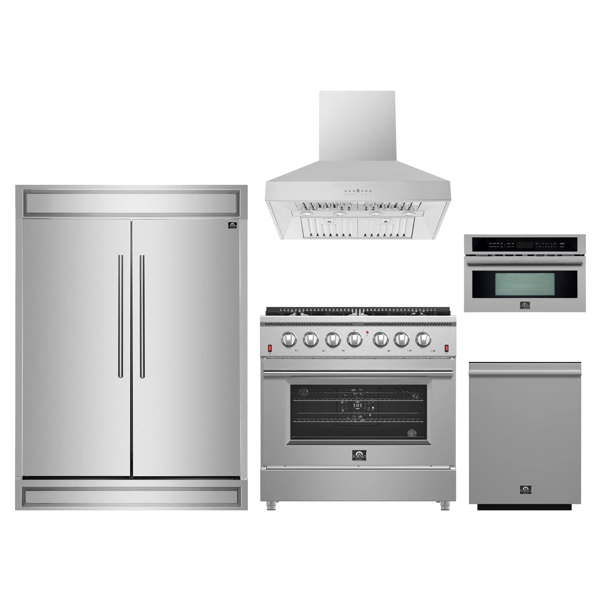 Forno 5-Piece Appliance Package - 36-Inch Gas Range, Wall Mount Range Hood, 60-Inch Refrigerator, Dishwasher, and 30-Inch Microwave Oven in Stainless Steel