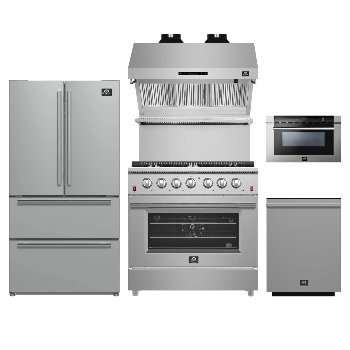 Forno 5-Piece Appliance Package - 36-Inch Gas Range, Refrigerator, Wall Mount Hood with Backsplash, 24-Inch Microwave Drawer, & 3-Rack Dishwasher in Stainless Steel