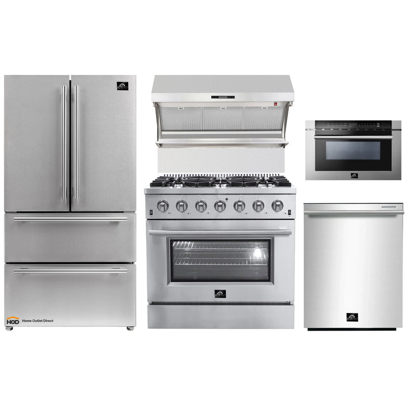 Forno 5-Piece Appliance Package - 36-Inch Gas Range, Refrigerator, Wall Mount Hood with Backsplash, Microwave Drawer, & 3-Rack Dishwasher in Stainless Steel