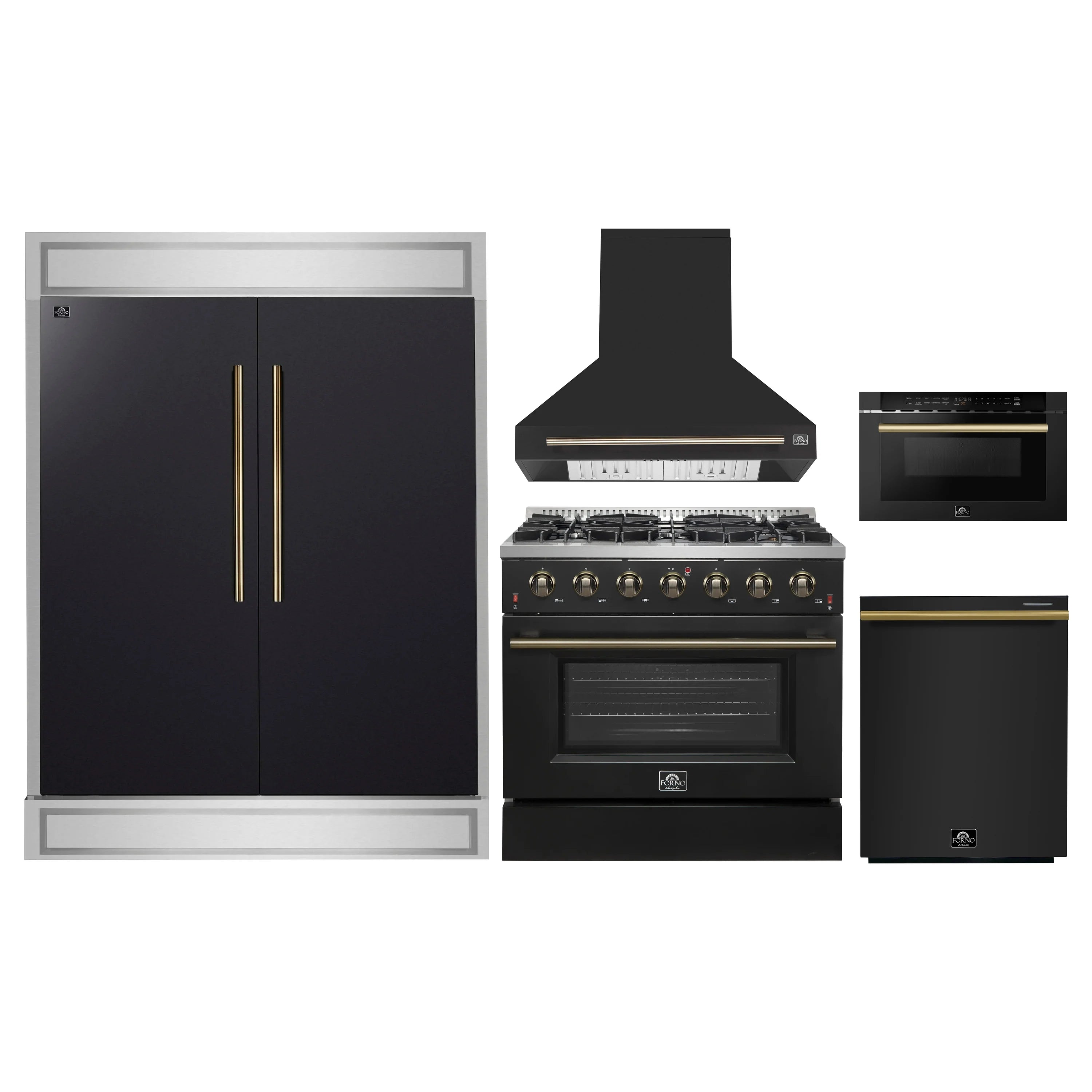 Black kitchen appliance package with refrigerator, range, hood, and microwave drawer
