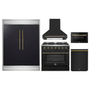 Forno 5-Piece Appliance Package - 36-Inch Gas Range, Wall Mount Range Hood, 60-Inch Refrigerator, Dishwasher, and 24-Inch Microwave Drawer in Black with Antique Brass Handle