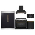 Forno 5-Piece Appliance Package - 36-Inch Gas Range, Wall Mount Range Hood, 60-Inch Refrigerator, Dishwasher, and 30-Inch Microwave Drawer in Black with Antique Brass Trim