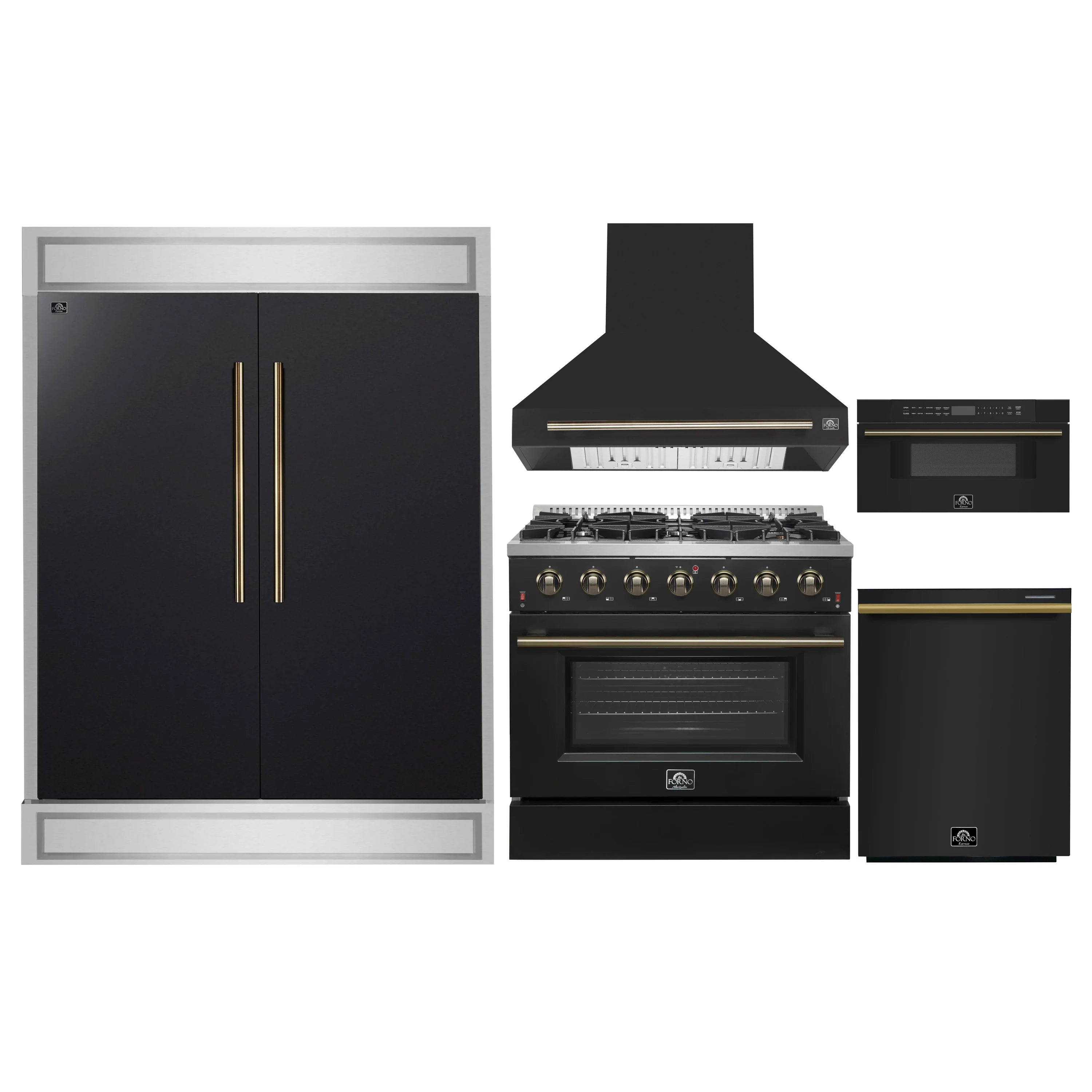 Black appliance set featuring refrigerator, gas range, hood, and microwave drawer