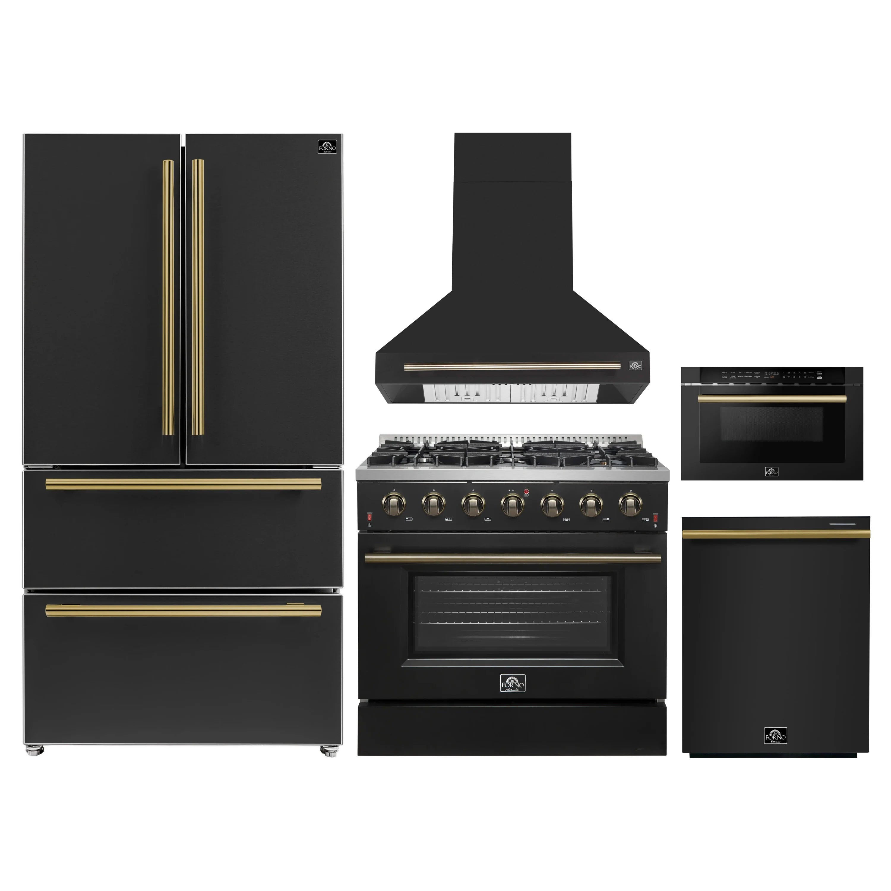 Black appliance set: refrigerator, gas range, range hood, dishwasher, microwave drawer