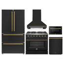 Forno 5-Piece Appliance Package - 36-Inch Gas Range, Wall Mount Range Hood, 36-Inch Refrigerator, Dishwasher, and 24-Inch Microwave Drawer in Black with Antique Brass Handle