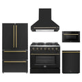 Forno 5-Piece Appliance Package - 36-Inch Gas Range, Wall Mount Range Hood, 36-Inch Refrigerator, Dishwasher, and 24-Inch Microwave Drawer in Black with Antique Brass Trim