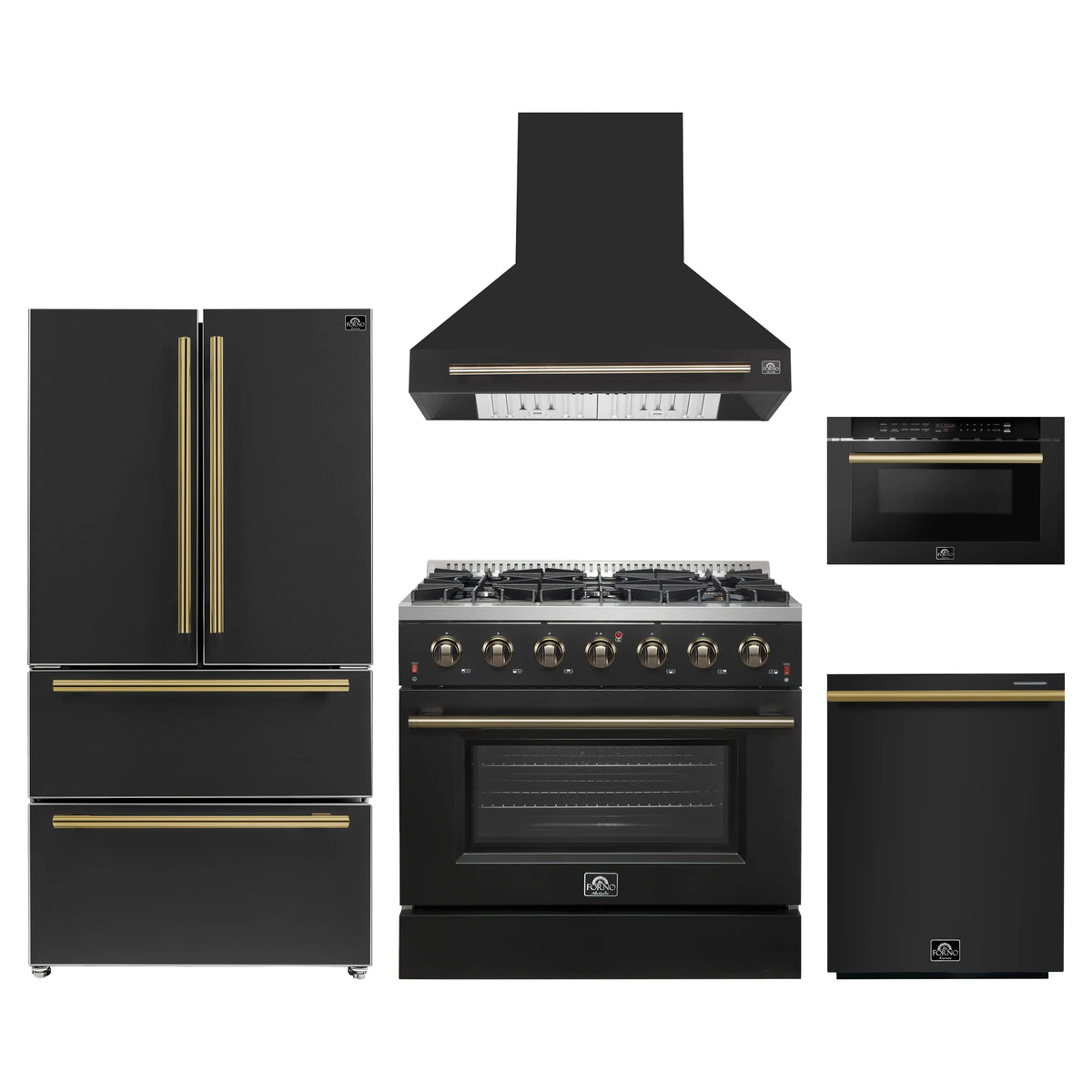 Forno 5-Piece Appliance Package - 36-Inch Gas Range, Wall Mount Range Hood, 36-Inch Refrigerator, Dishwasher, and 24-Inch Microwave Drawer in Black with Antique Brass Trim