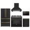 Forno 5-Piece Appliance Package - 36-Inch Gas Range, Wall Mount Range Hood, 36-Inch Refrigerator, Dishwasher, and 24-Inch Microwave Drawer in Black with Antique Brass Trim