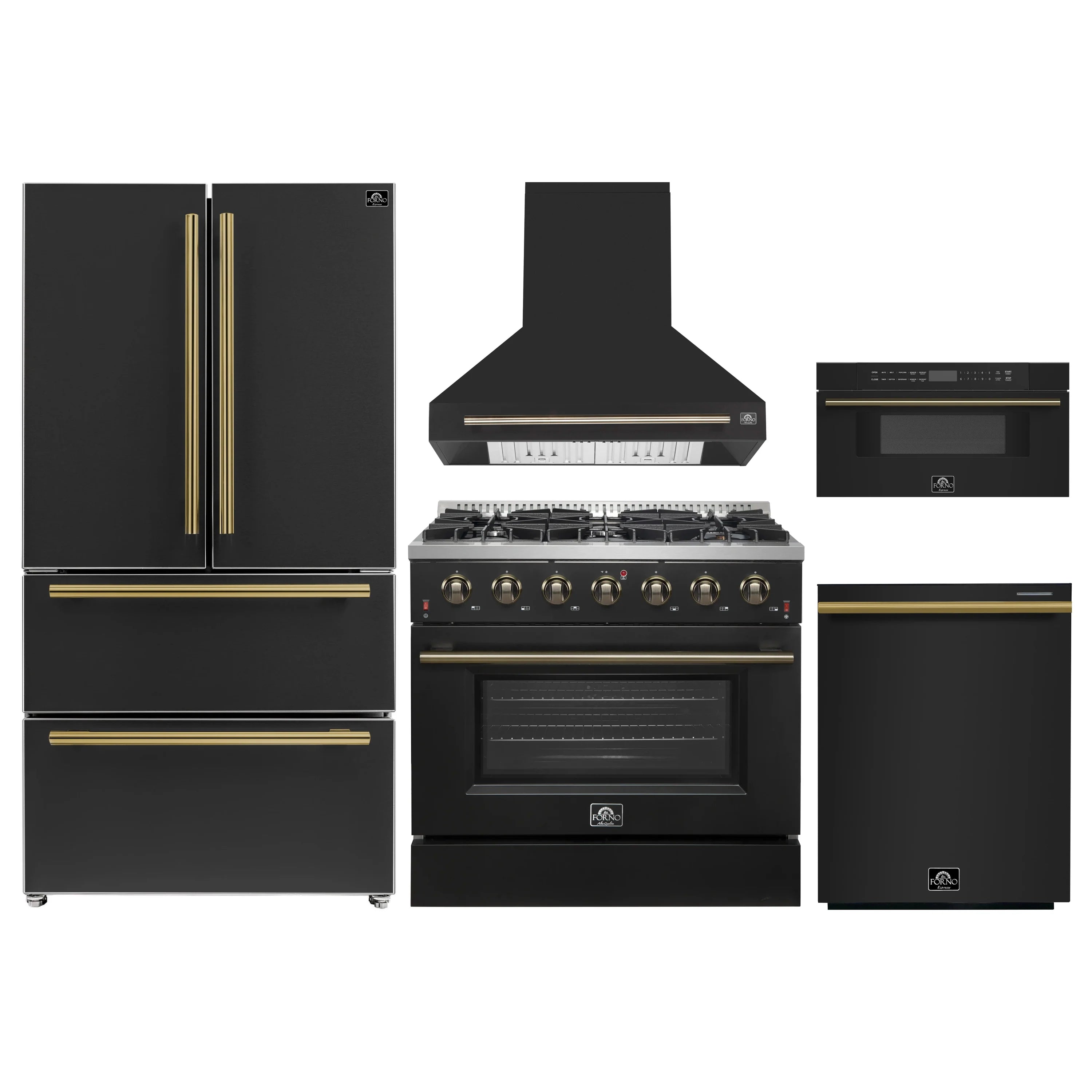 Black 5-piece appliance package with brass accents: range, fridge, hood, dishwasher, microwave
