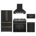 Forno 5-Piece Appliance Package - 36-Inch Gas Range, Wall Mount Range Hood, 36-Inch Refrigerator, Dishwasher, and 30-Inch Microwave Drawer in Black with Antique Brass Trim