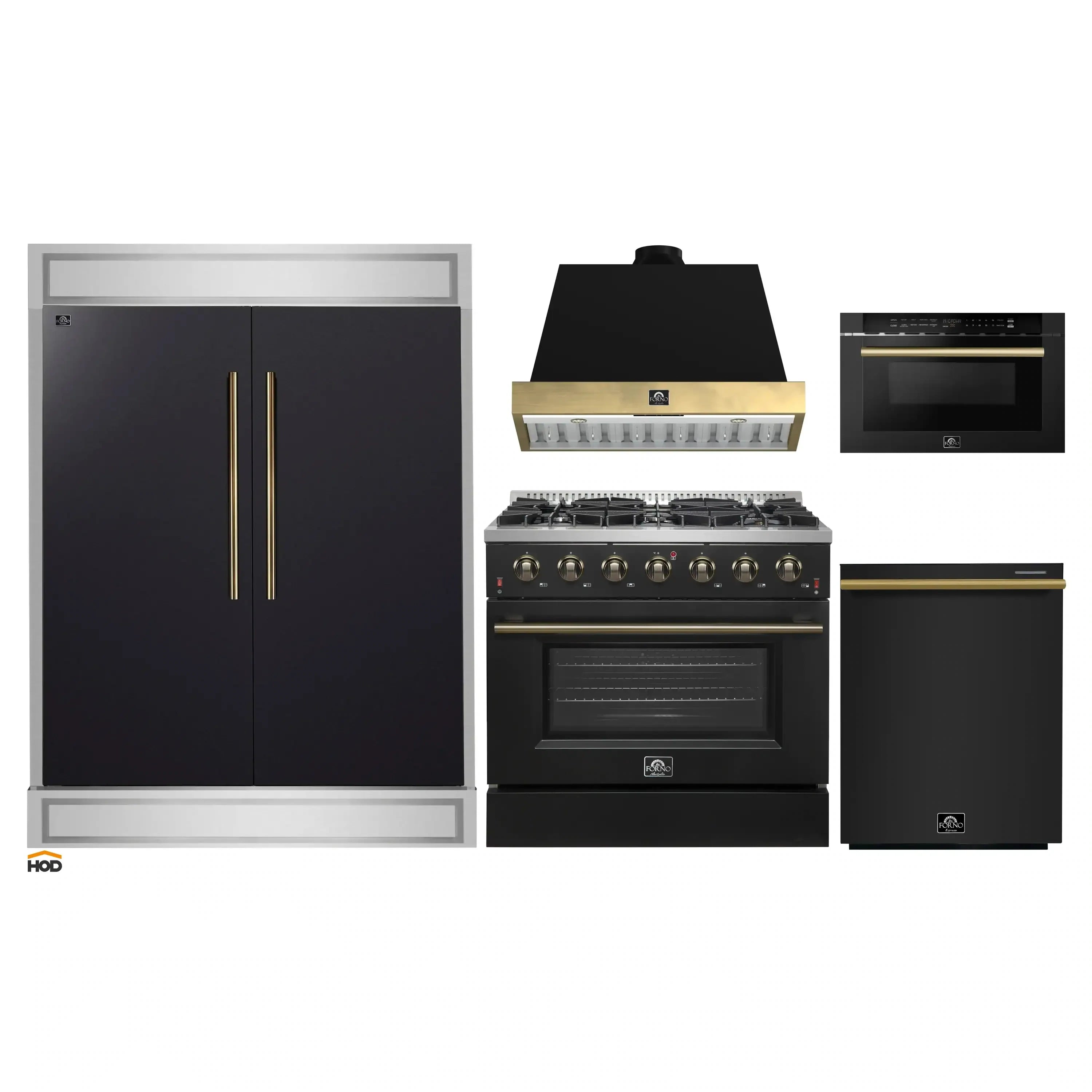 Black appliance package set featuring gas range, range hood, refrigerator, and microwave