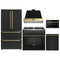 Forno Galiano 5-Piece Appliance Package - 36-Inch Gas Range, 36-Inch Hood, 36-Inch Refrigerator, 24-Inch Dishwasher, & 24-Inch Microwave Drawer in Black with Antique Brass Trim