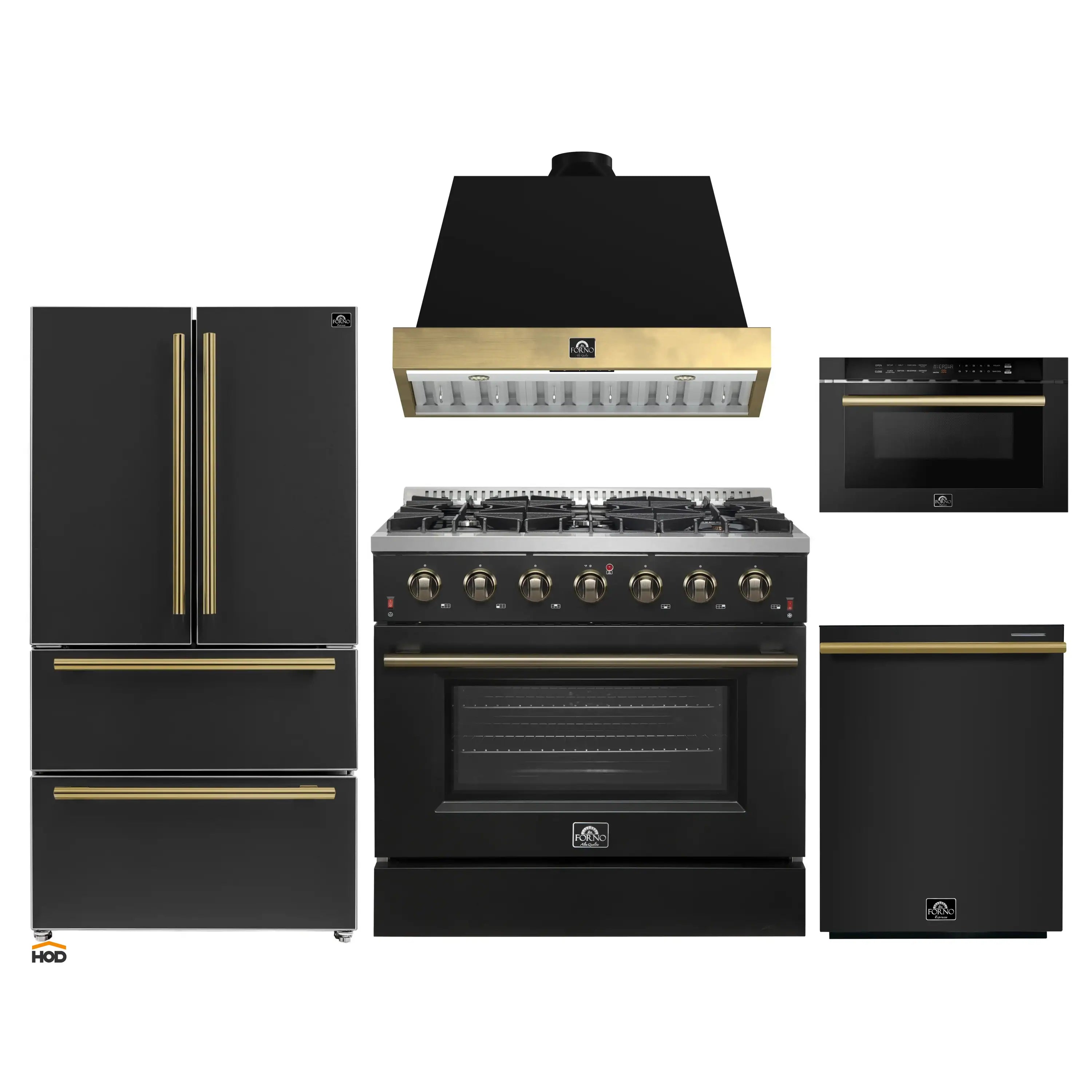 Black appliance package with gas range, hood, oven door, and side refrigerator