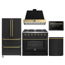 Forno Galiano 5-Piece Appliance Package - 36-Inch Gas Range, 36-Inch Hood, 36-Inch Refrigerator, 24-Inch Dishwasher, & 24-Inch Microwave Drawer in Black with Antique Brass Trim