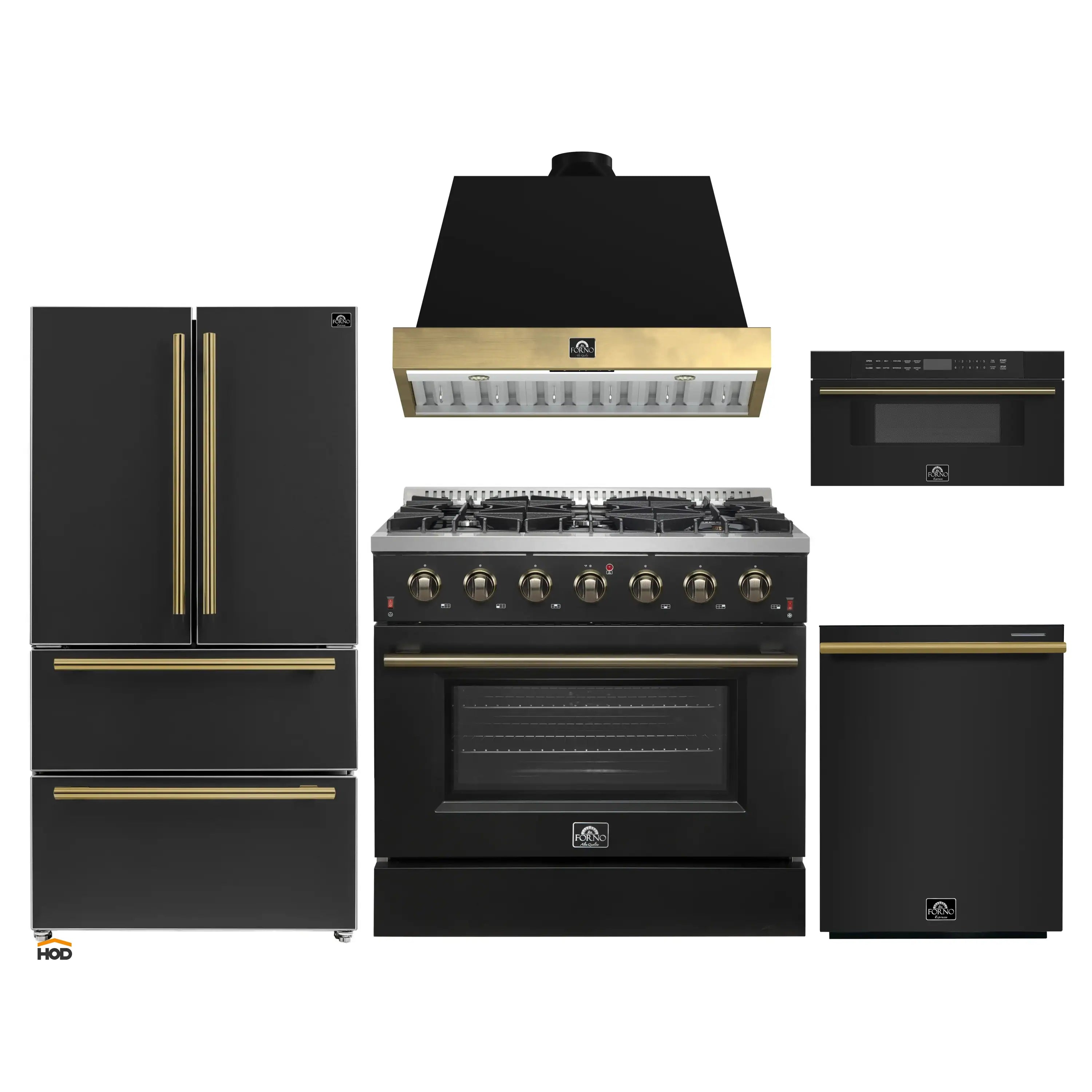 Black appliance set with gas range, hood, brass-trim controls, and side-by-side units