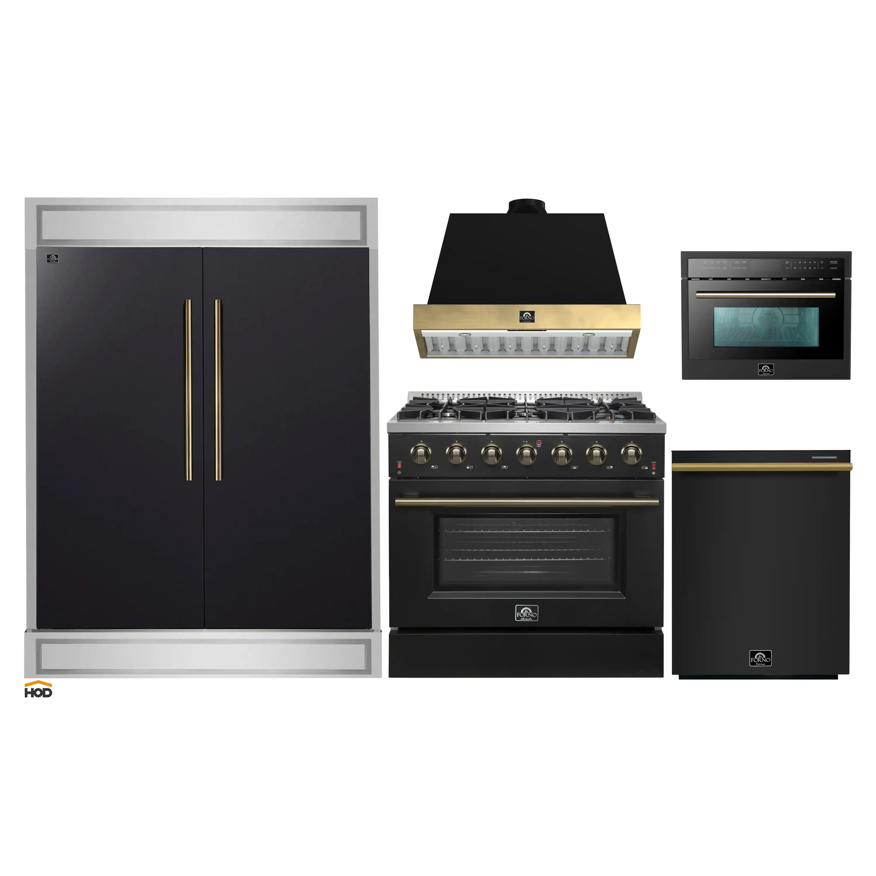 Black appliance set with refrigerator, gas range, hood, microwave, and dishwasher
