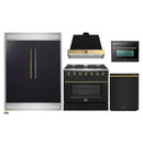 Forno 5-Piece Appliance Package - 36-Inch Gas Range, Wall Mount Range Hood, 60-Inch Convertible Refrigerator with Modern Trim, Dishwasher, and 24-Inch Microwave Oven in Black with Antique Brass Handle