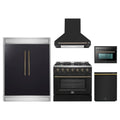 Forno 5-Piece Appliance Package - 36-Inch Gas Range, Wall Mount Range Hood, 60-Inch Convertible Refrigerator with Modern Trim, Dishwasher, and 24-Inch Microwave Oven in Black with Antique Brass Trim